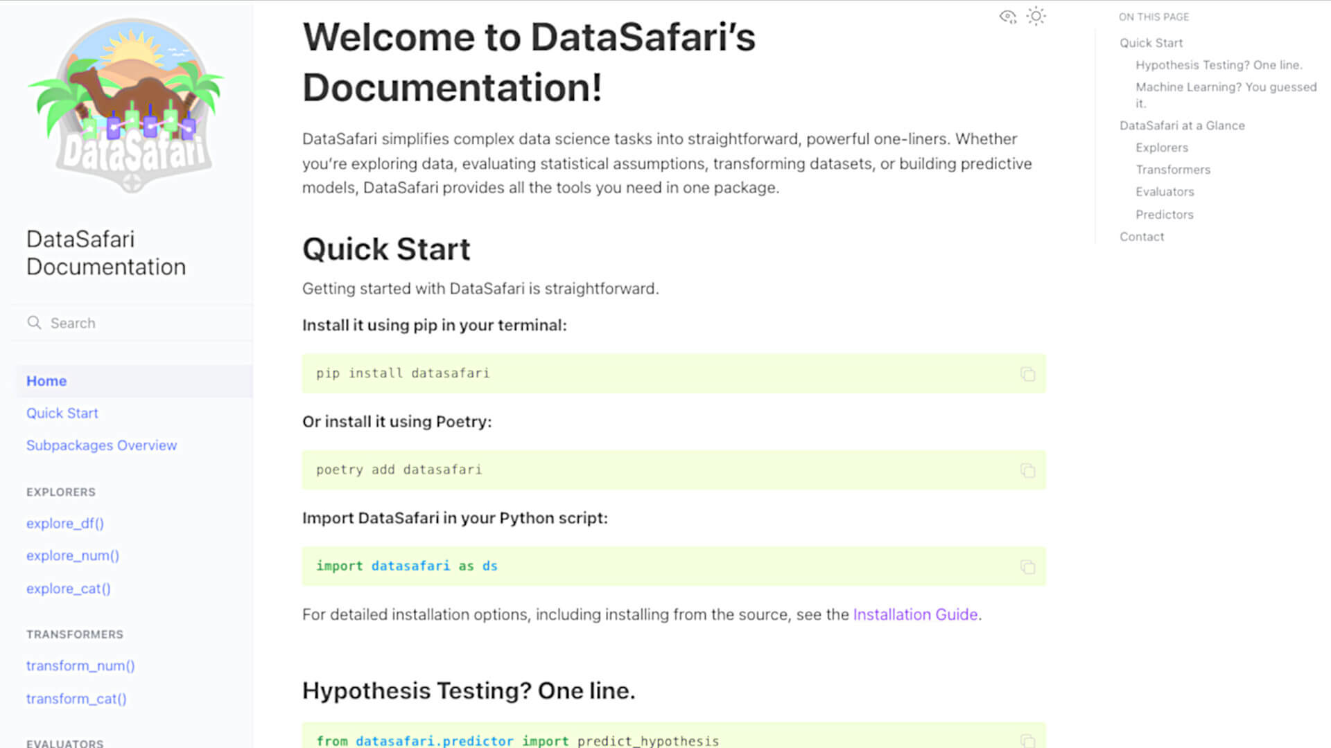 DataSafari documentation welcome page at datasafari.dev/docs in light mode, showing quick-start guide and function reference links
