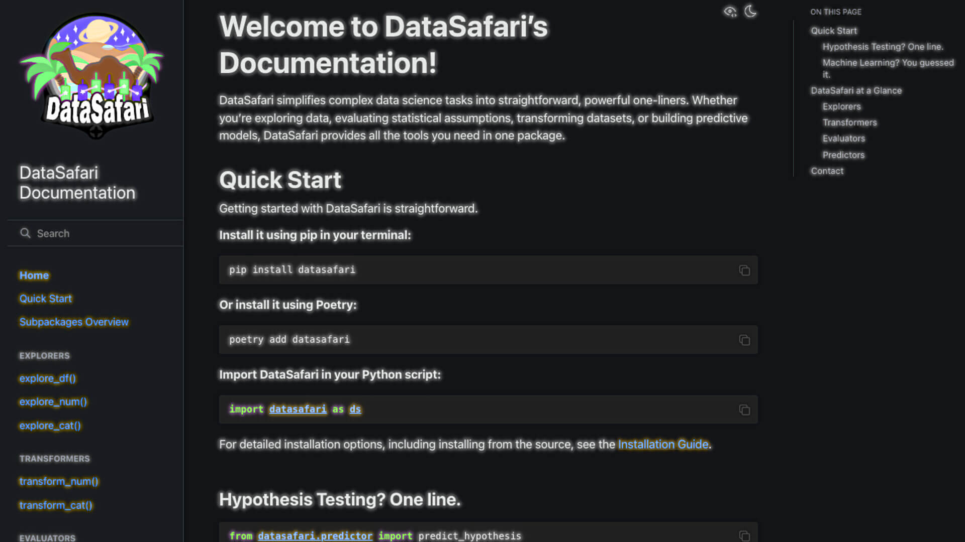 DataSafari documentation welcome page at datasafari.dev/docs in dark mode, showing quick-start guide and function reference links