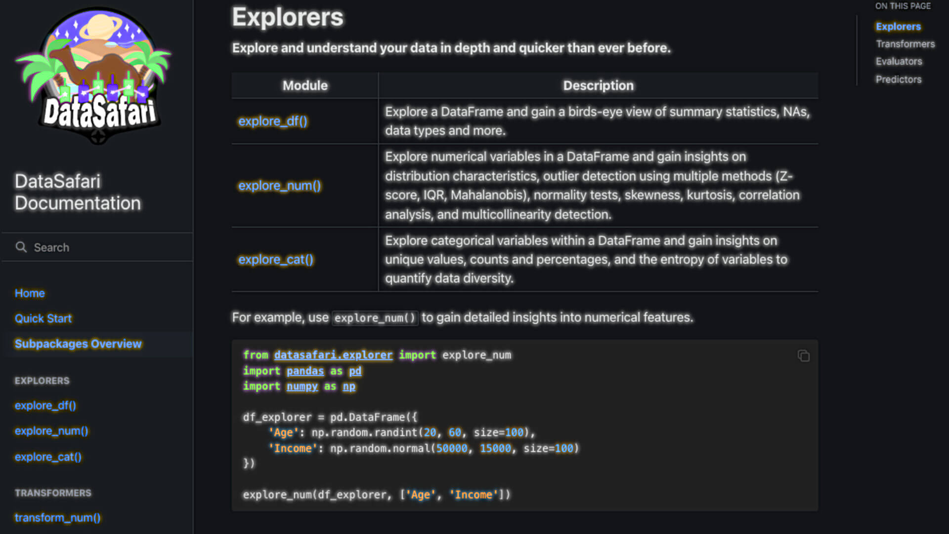 DataSafari documentation quick start guide showing explorers subpackage overview and example usage
