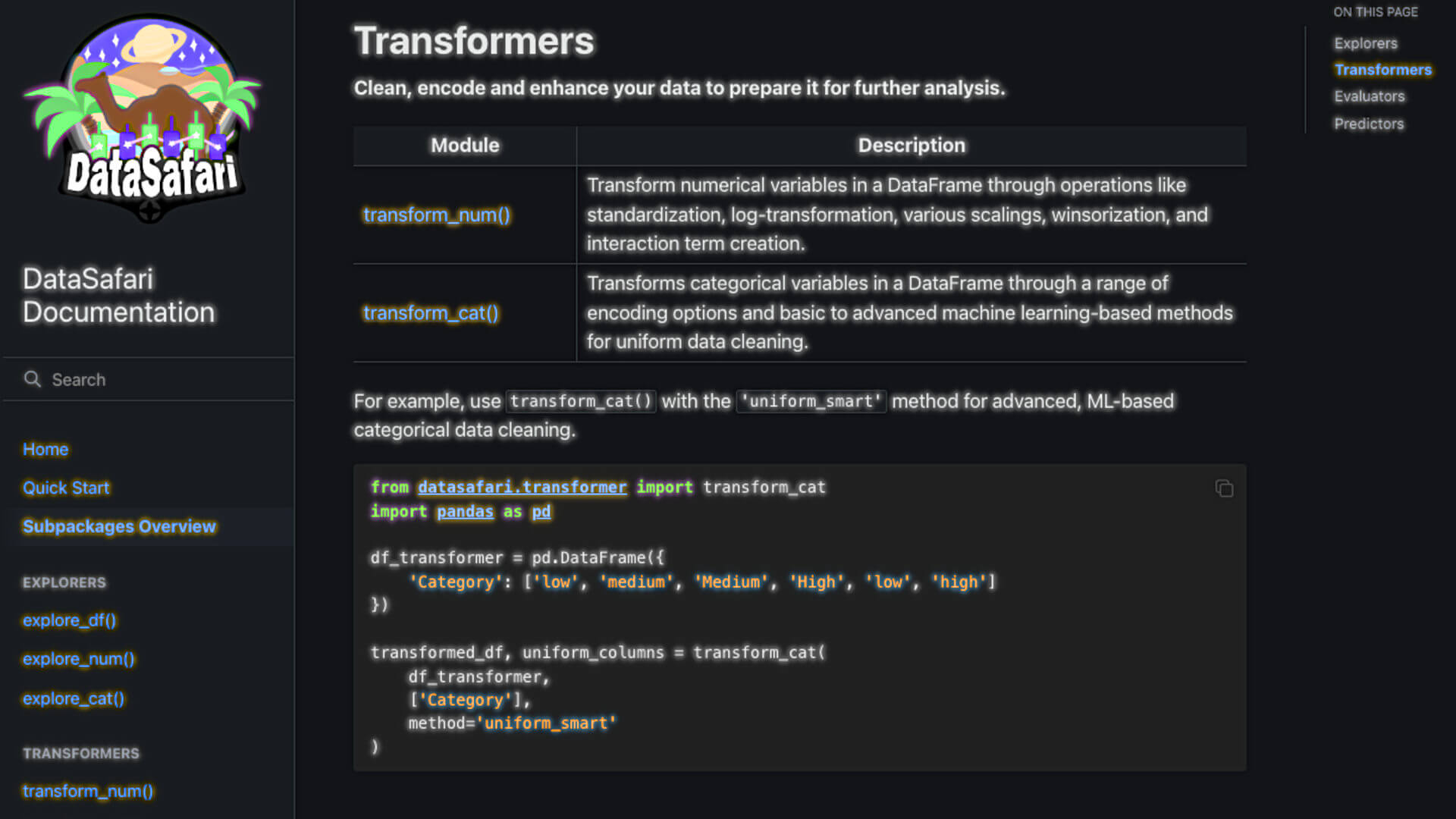 DataSafari documentation quick start guide showing transformers subpackage overview and example usage