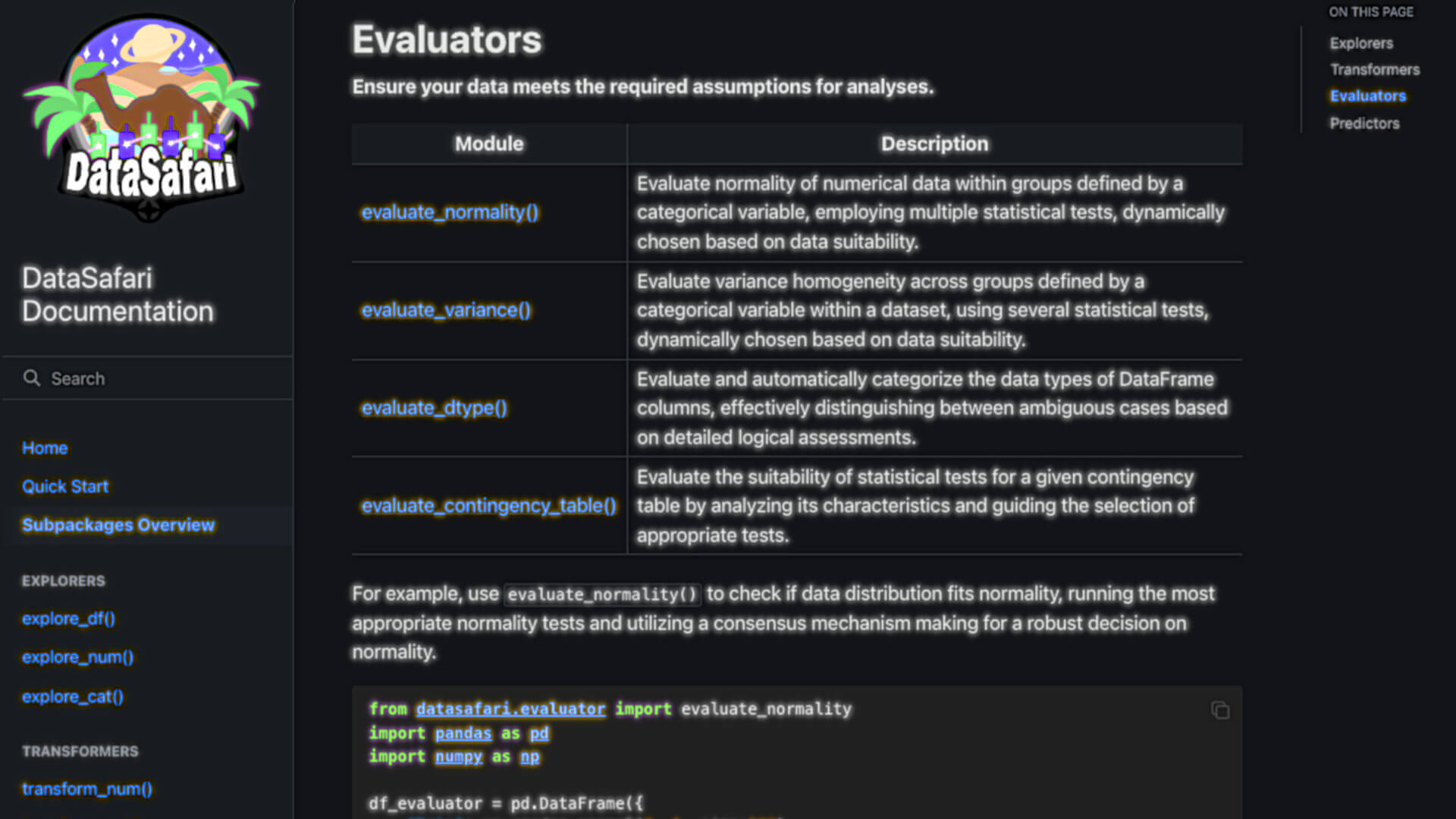 DataSafari documentation quick start guide showing evaluators subpackage overview and example usage