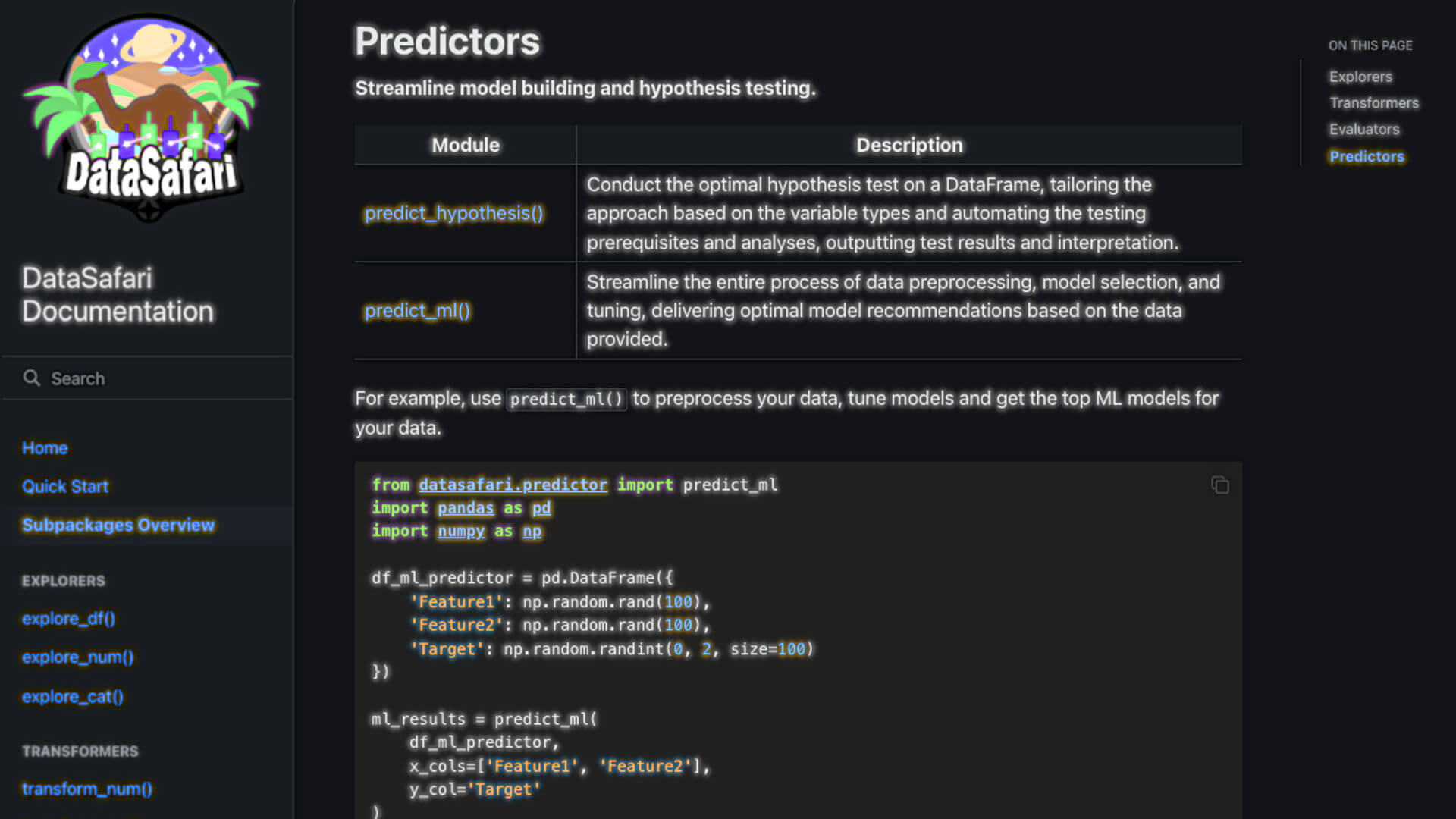 DataSafari documentation quick start guide showing predictors subpackage overview and example usage