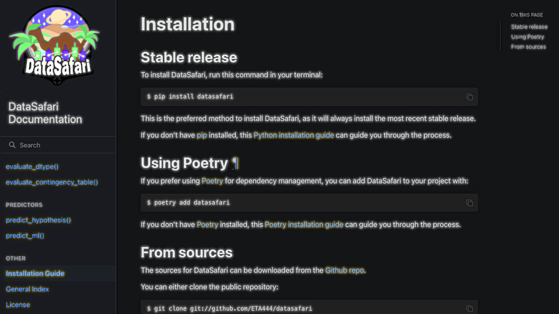 DataSafari documentation showing installation instructions and pip install command