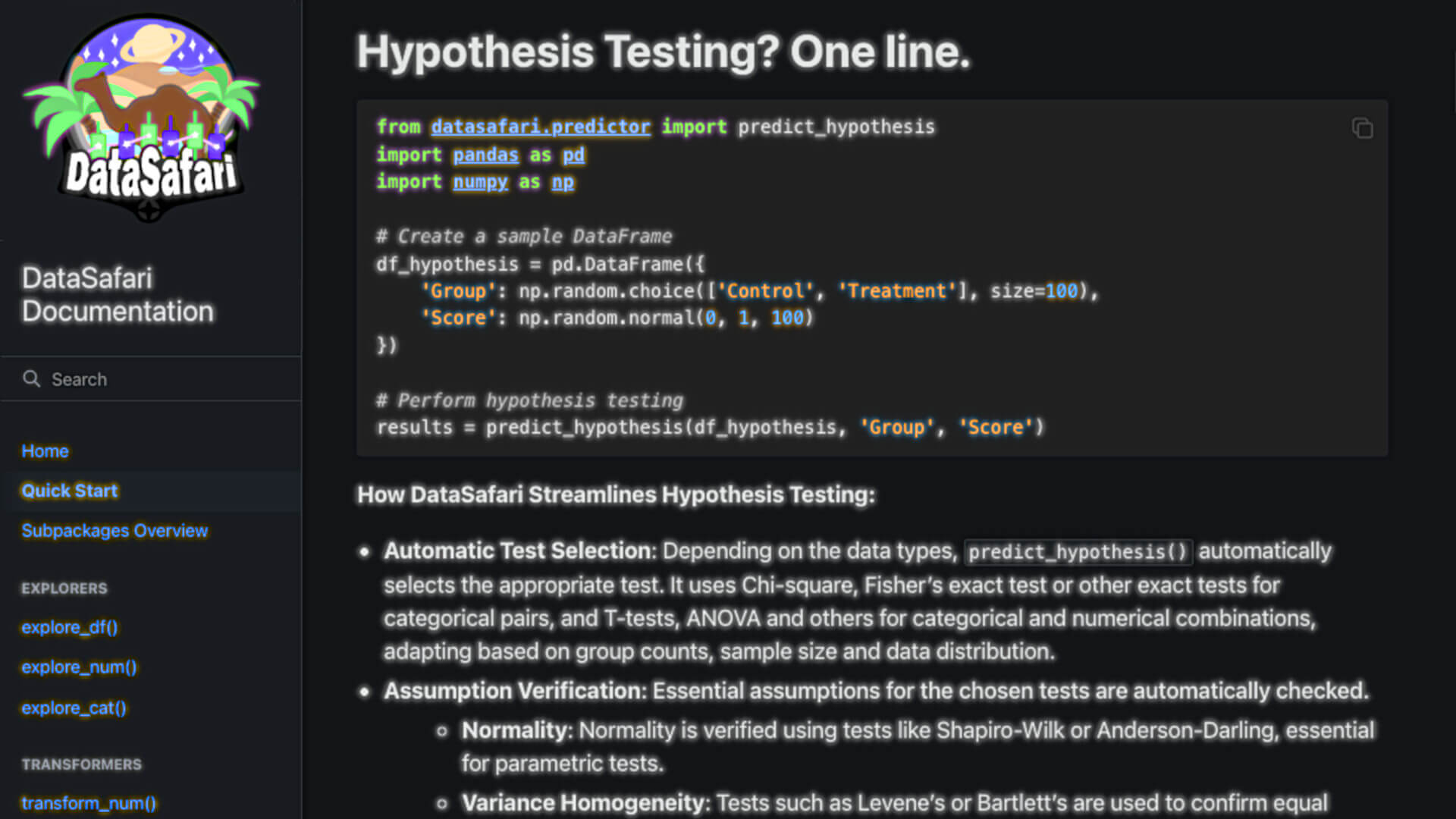 DataSafari quick start guide showing example usage of one-line hypothesis testing function with automatic test selection and output interpretation