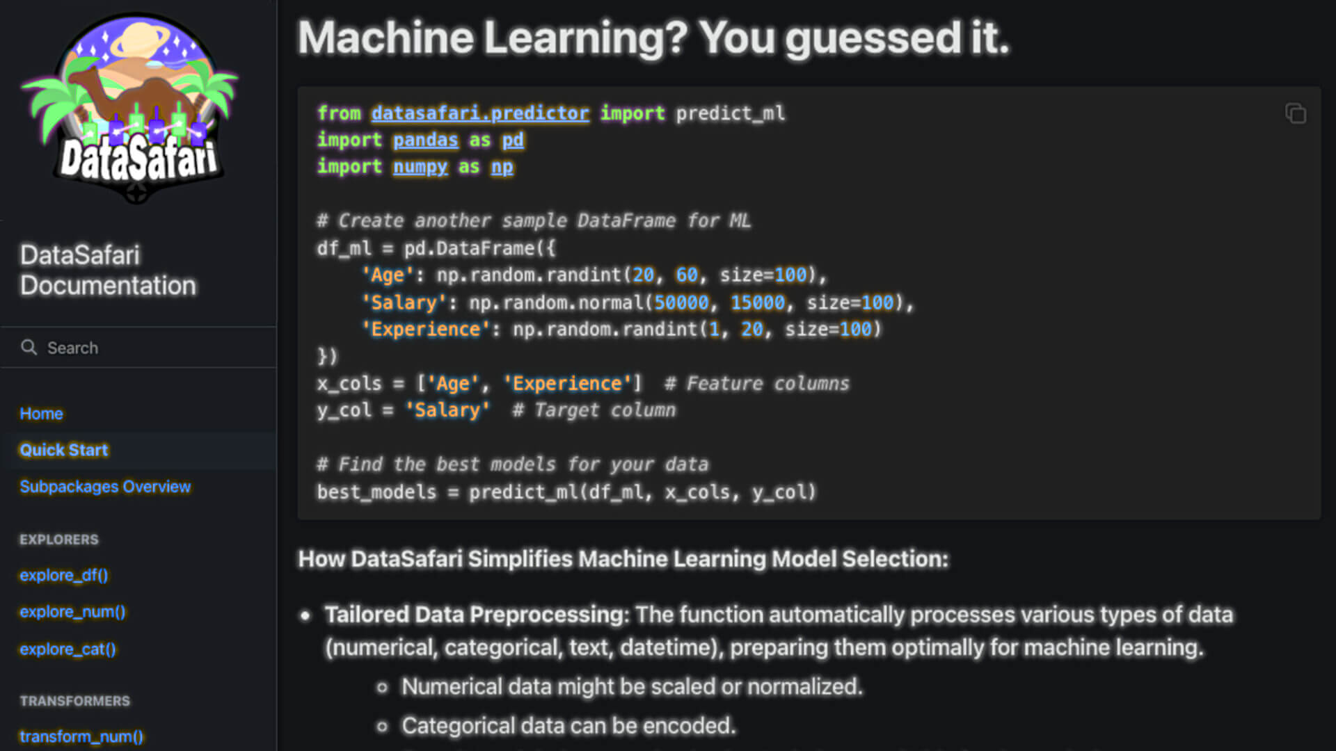DataSafari quick start guide showing example usage of one-line predict_ml function with automatic preprocessing, model selection, and hyperparameter tuning