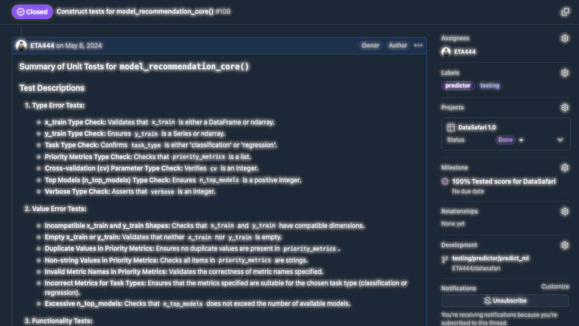DataSafari GitHub labels page showing full tagging taxonomy: bug, enhancement, documentation, and domain labels