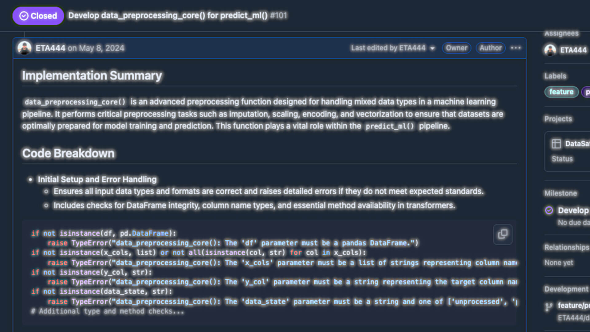 DataSafari GitHub showing issue linked to milestone and pull request with full traceability