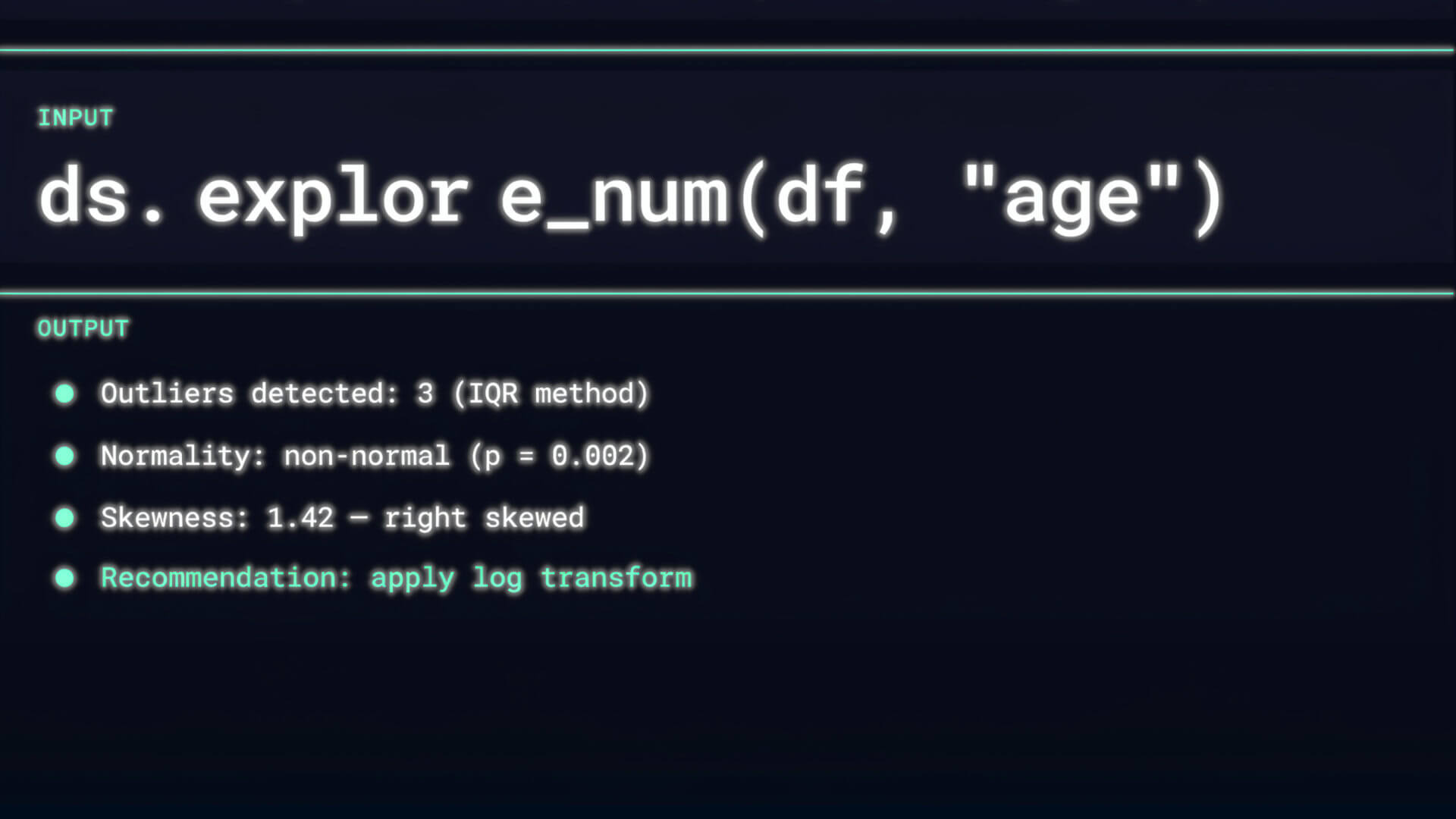 explore_num output showing structured report with outlier detection, normality testing, and multicollinearity analysis