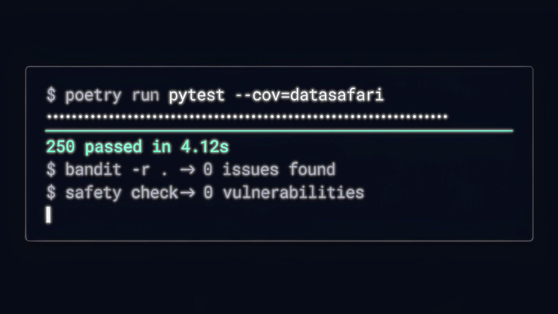 Terminal output showing pytest run: 250+ tests passed