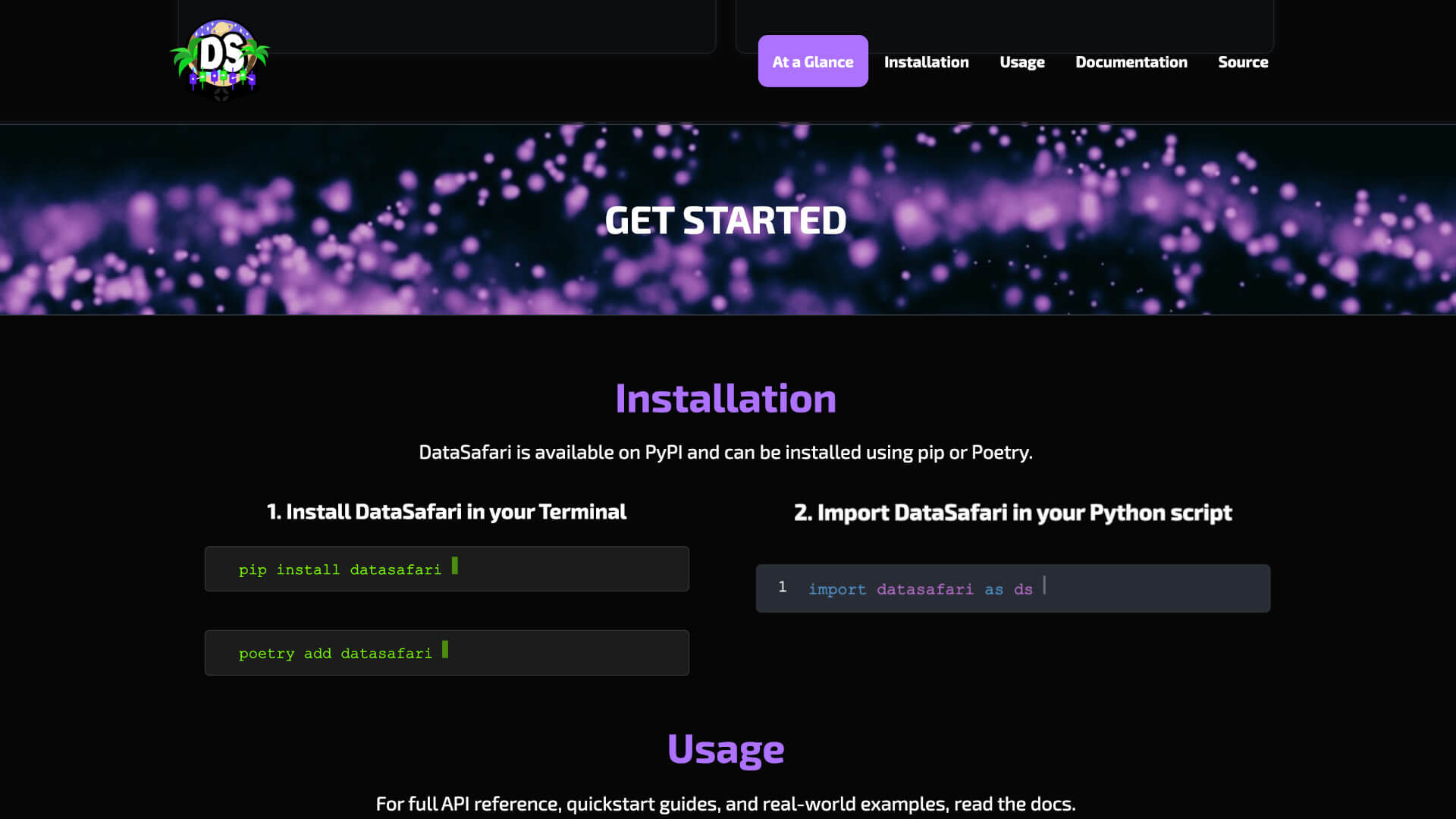 DataSafari website showing installation instructions