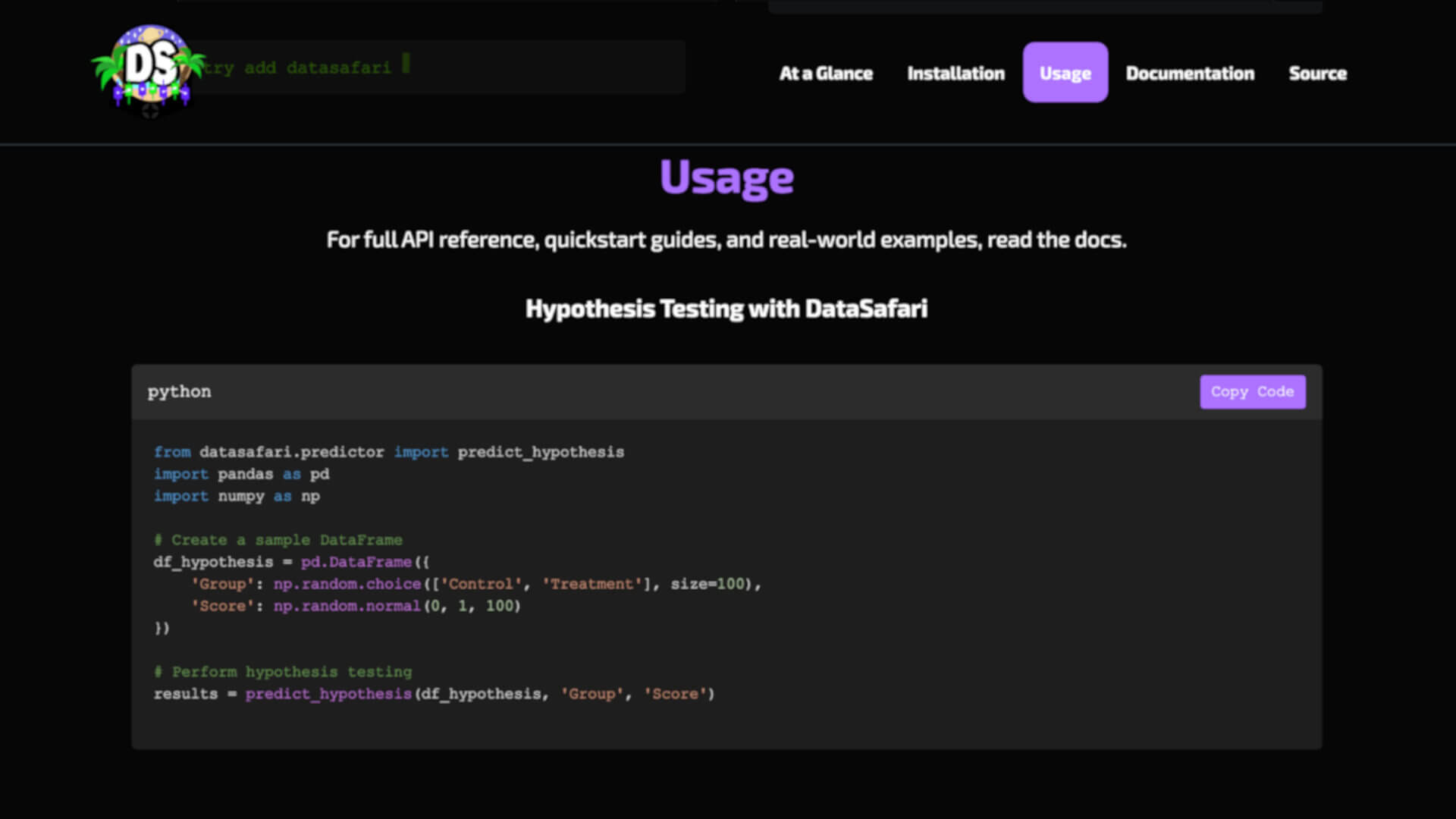 DataSafari website showing simple usage example and documentation prompt for further exploration