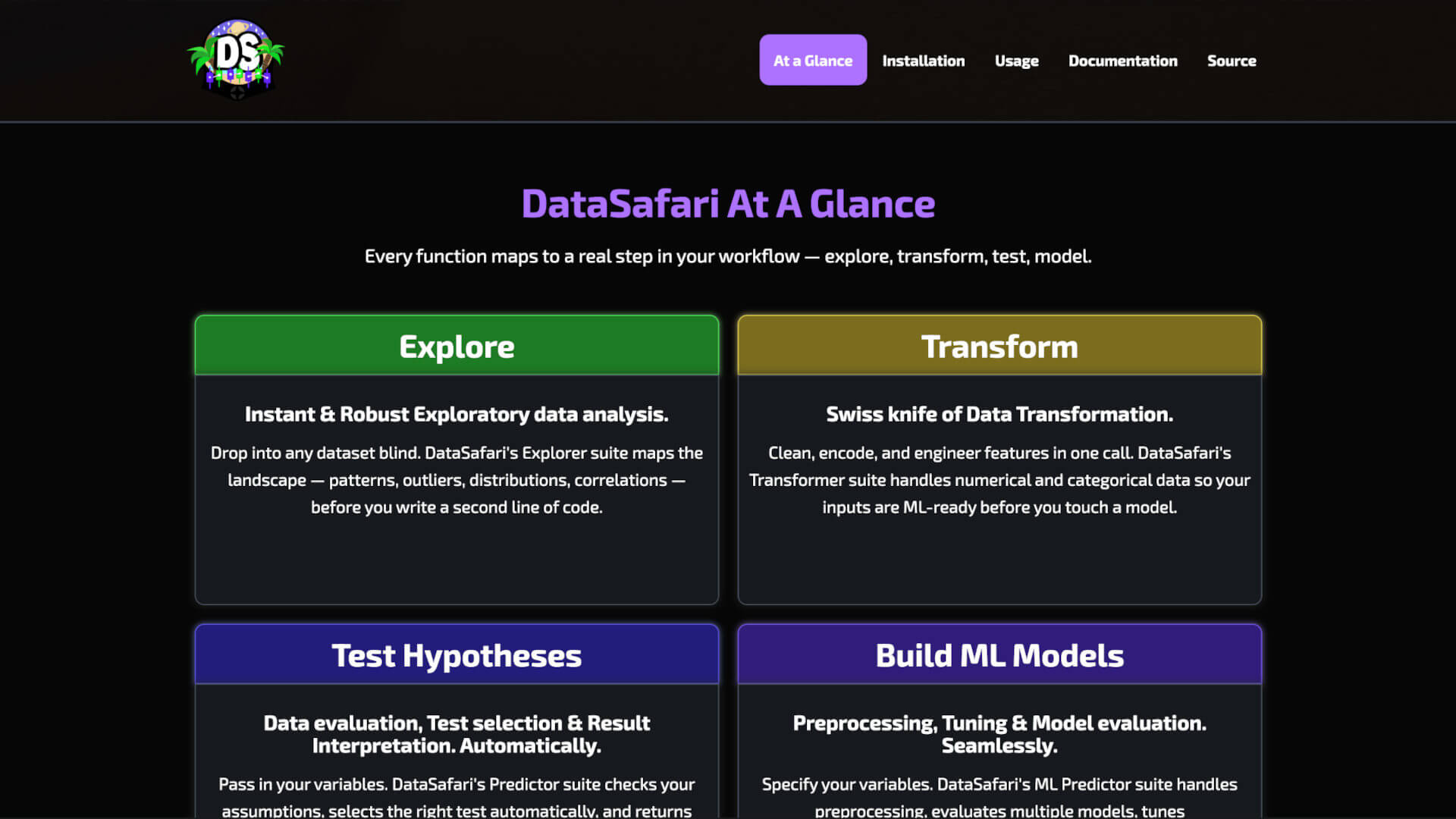 DataSafari website showing package philosophy with clear parallel between data science workflow and library subpackage structure